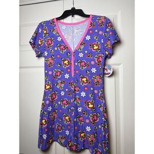 Powerpuff Girls Womens Sleep Romper Purple Floral Heart Print XL New With Tags